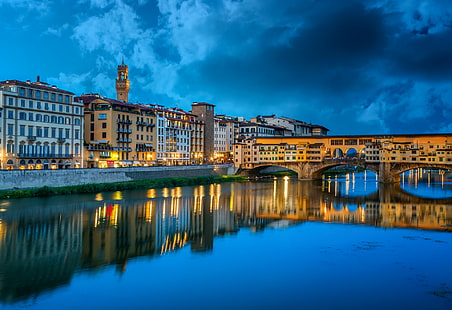Мосты, Понте Веккио, Мост, Флоренция, Италия, Свет, Ночь, HD обои HD wallpaper