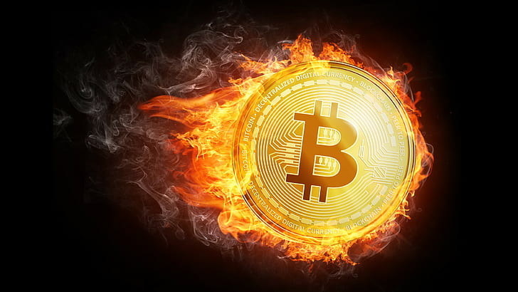 money, bitcoin, coin, cryptocurrency, gold, currency, metal, flaming, HD wallpaper