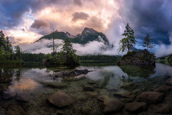 ธรรมชาติถ่ายภาพทิวทัศน์ทะเลสาบภูเขาป่าเมฆภาพสะท้อน, วอลล์เปเปอร์ HD