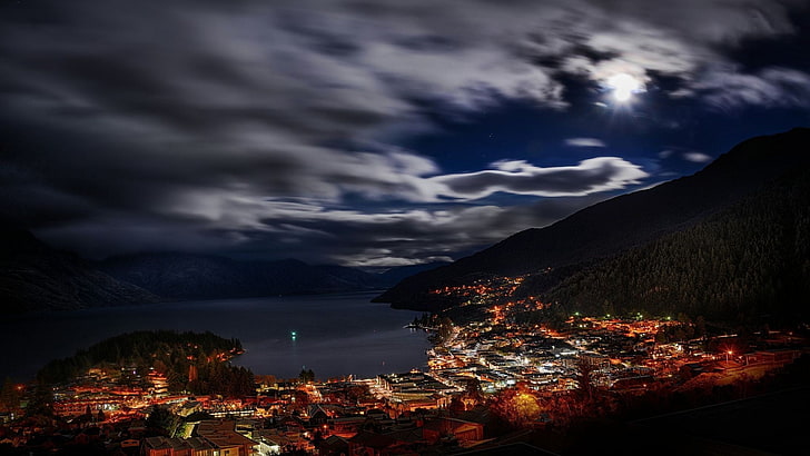 gray and blue clouds, lake, town, night, HD wallpaper