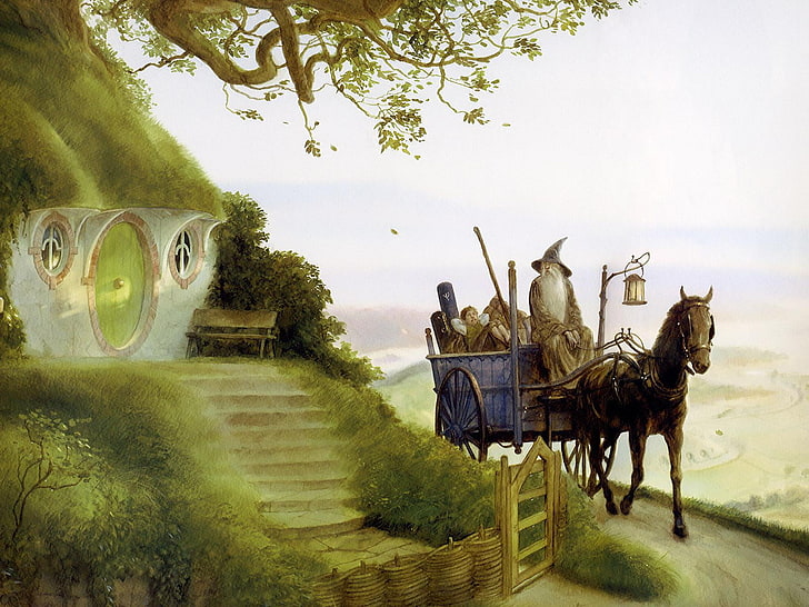 wizard and carriage painting, vlastilina rings, Gandalf, Gandalfs Return, John Howe, Frodo, the hobbit, HD wallpaper
