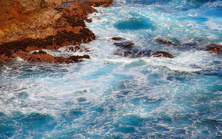Turbulent Waves, water, turbulent, waves, ocean, noise, rock, blue, stone, 3d and abstract, HD wallpaper