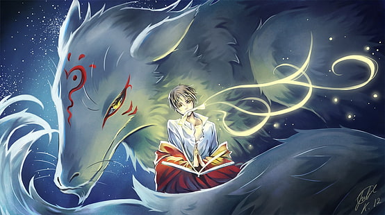 Mann sitzt mit weißem Fuchs auf dem Rücken Anime Digital Wallpaper, Natsume Buch der Freunde, Natsume Yuujinchou, HD-Hintergrundbild HD wallpaper