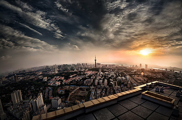edifícios, cidade, paisagem urbana, pôr do sol, céu, nuvens, telhados, construção, nanjing, HD papel de parede