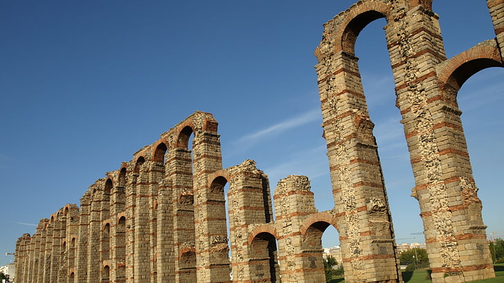 historic site, aqueduct, ruins, ancient history, ancient roman architecture, arch, history, ancient rome, spain, HD wallpaper