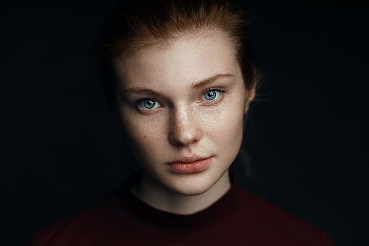women, face, portrait, black background, blue eyes, freckles, HD wallpaper