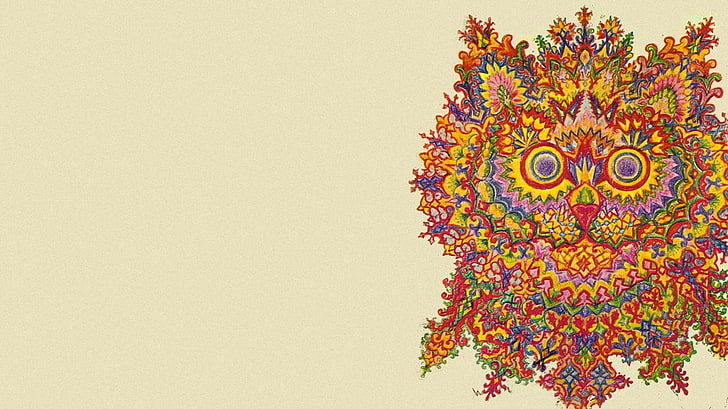 brown and yellow owl painting, Louis Wain, cat, psychedelic, artwork, HD wallpaper