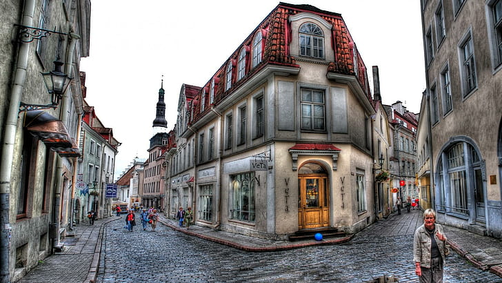 Beautiful Side Streets In Old Part Of The City Hdr, shops, city, streets, cobblestones, people, nature and landscapes, HD wallpaper