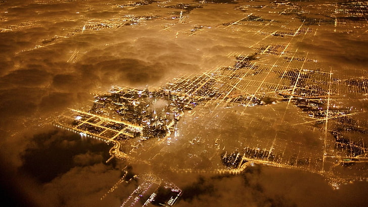 fotografia aerea della città, carta da parati digitale marrone, veduta aerea, vista a volo d'uccello, notte, paesaggio urbano, Chicago, USA, nuvole, luci, strada, Sfondo HD