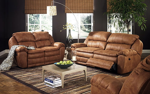 茶色の革のソファセット、ソファ、家具、椅子、 HDデスクトップの壁紙 HD wallpaper