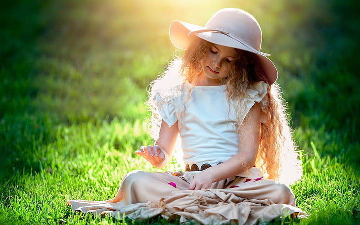 Beautiful cute girl, child, hat, grass, sun, Beautiful, Cute, Girl, Child, Hat, Grass, Sun, HD wallpaper