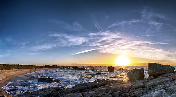 HDRi, deux pierres grises, nature, plage, soleil, soleil, paysage, lever de soleil, mer, Fond d'écran HD HD wallpaper