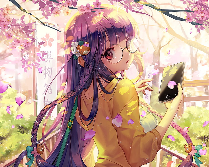 furyou michi gang road, anime girl, glasses, sakura tree, cute, Anime, HD wallpaper