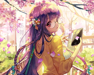 furyou michi gang road, anime girl, okulary, drzewo sakura, słodkie, anime, Tapety HD HD wallpaper