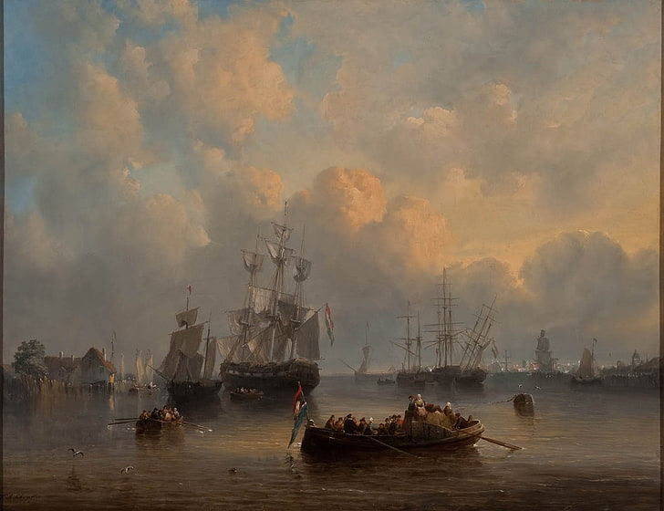 laut, kapal, lukisan, karya seni, Wallpaper HD