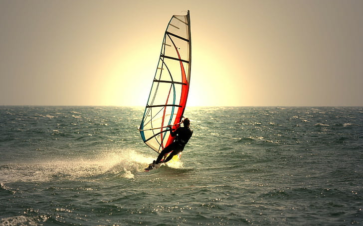 Windsurfing, man on watersport bot photograph, windsurfing, equipment, water, man, HD wallpaper