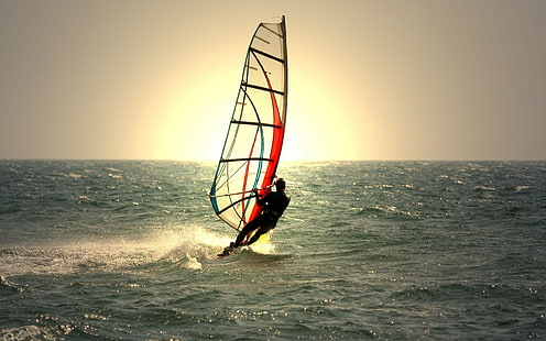 Windsurfing, fotografia człowieka na sportach wodnych, windsurfing, sprzęt, woda, człowiek, Tapety HD HD wallpaper