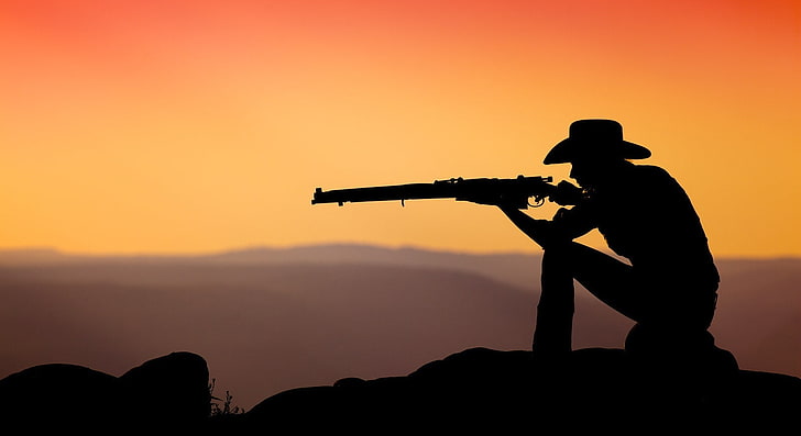 Cowboy Shooting In The Sunset, black hat and hunting rifle, Nature, Sun and Sky, Orange, Sunset, Silhouette, Shooting, Cowboy, HD wallpaper