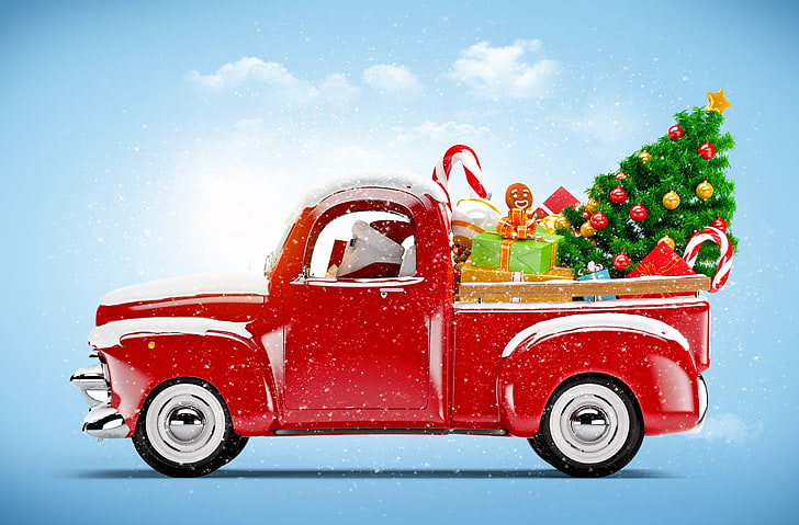 Дядо Коледа дойде в града, декор на червен пикап, Празници, Коледа, Камион, Празник, Празнувайте, весела Коледа, Дядо Коледа, коледно дърво, декорации, 2014, HD тапет