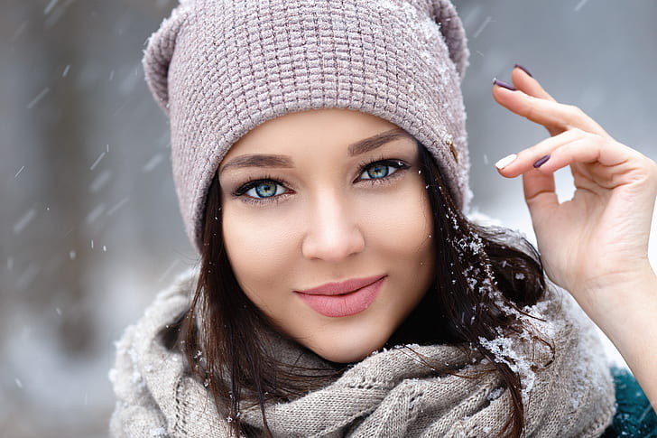 Angelina Petrova, rosto, mulheres, neve, sorrindo, olhos azuis, HD papel de parede