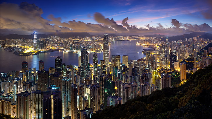 cityscape view of city during nighttime, city, hong kong, night, clouds, lights, HD wallpaper