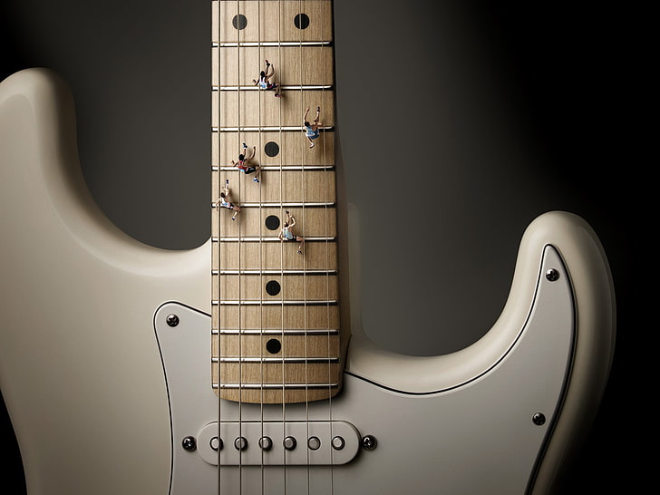 white and brown stratocaster electric guitar, guitar, running, Fender, HD wallpaper