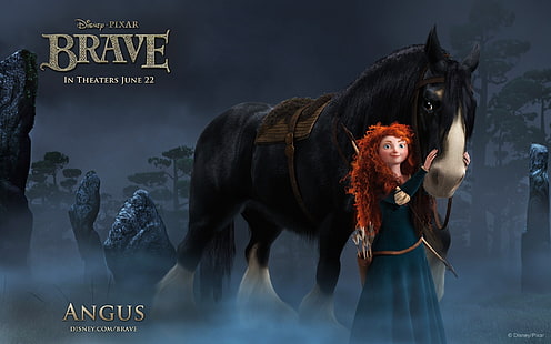 Дисней Пиксар Храбрый плакат, лес, ночь, конь, принцесса, храбрый, ангус, мерида, HD обои HD wallpaper