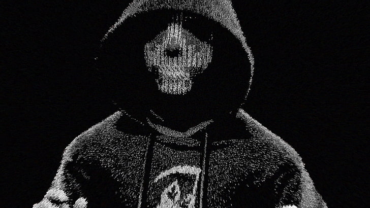 남자의 검은 스웨터 까마귀, DEDSEC, 두개골, 삽화, 흑백, 어두운, 후드, HD 배경 화면