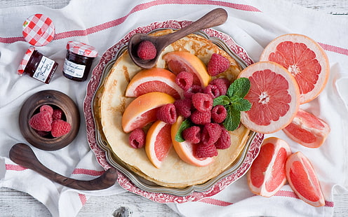 Pancakes, fruit, grapefruit, berries, raspberry, Pancakes, Fruit, Grapefruit, Berries, Raspberry, HD wallpaper HD wallpaper