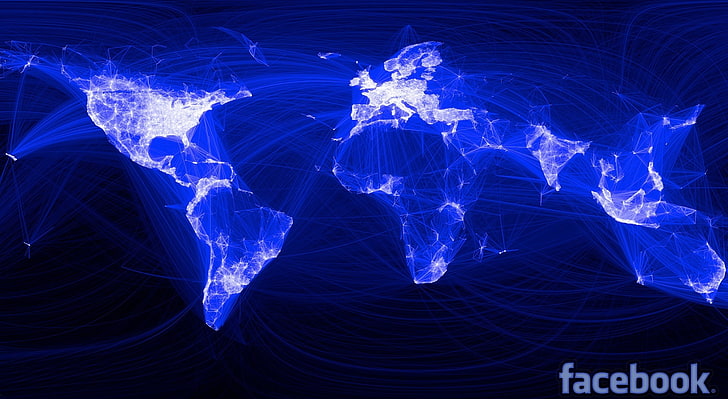 Facebook World Network, синие абстрактные цифровые обои, компьютеры, сеть, мир, facebook, сеть, карта facebook, HD обои