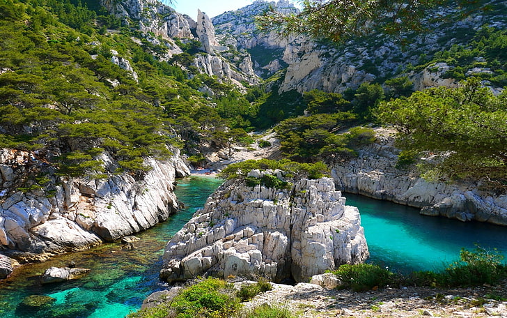 beach, Coves, France, landscape, Limestone, mountain, nature, rock, summer, Trees, Turquoise, water, HD wallpaper