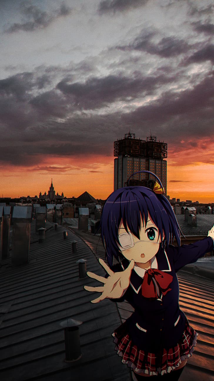 anime dziewczyny, Takanashi Rikka, zachód słońca, dachy, animeirl, Tapety HD, tapety na telefon
