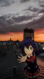 chicas anime, Takanashi Rikka, puesta de sol, tejados, animeirl, Fondo de pantalla HD HD wallpaper