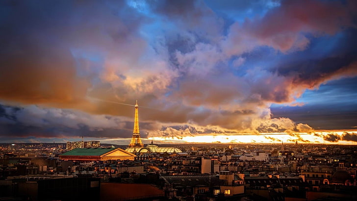 パリの夕日のスカイライン-都市のHD壁紙、黄色の塔、 HDデスクトップの壁紙