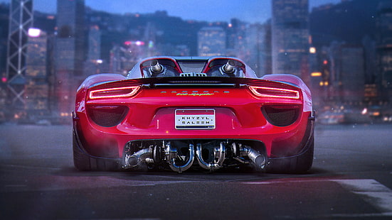 بورش 918 سبايدر ، أحمر ، سيارة ، مدينة ، بورش ، سيارة رياضية حمراء ، بورش 918 سبايدر ، أحمر ، بورش ، مدينة، خلفية HD HD wallpaper