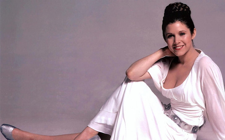 Gaun putih berleher leher wanita, Star Wars, Carrie Fisher, Princess Leia, almarhum, Wallpaper HD