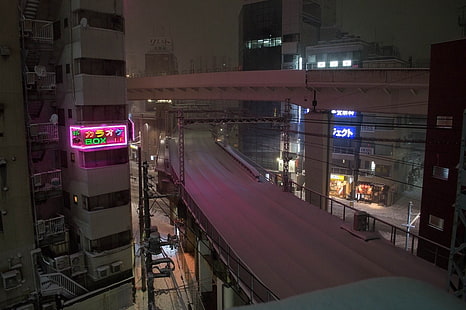 art numérique de signalisation LED rose, Japon, route, nuit, neige, chemin de fer, Fond d'écran HD HD wallpaper