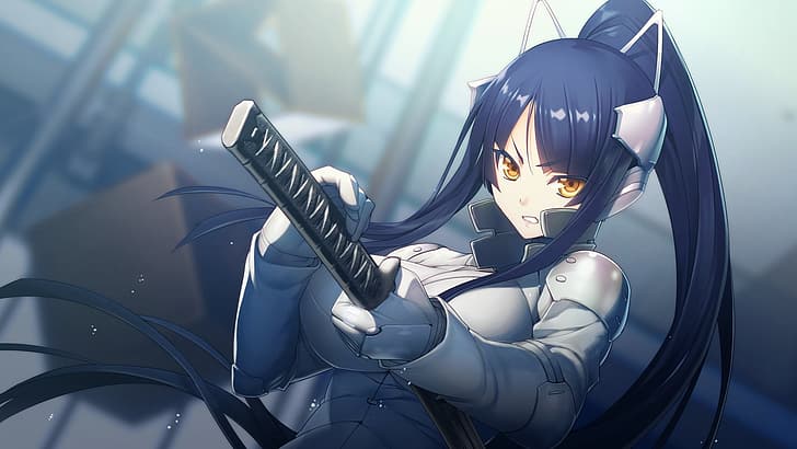 anime, anime girls, sword, women with swords, yellow eyes, long hair, purple hair, boobs, big boobs, huge breasts, angry, face, weapon, Tokyo Necro, HD wallpaper