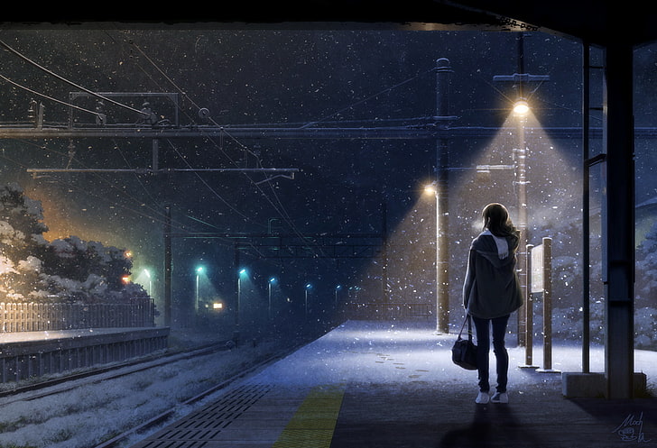 Anime, Original, Girl, Original (Anime), Scarf, Snow, Train Station, Winter, HD tapet
