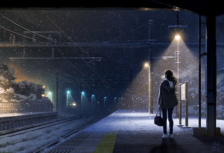 Аниме, оригинал, девушка, оригинал (аниме), шарф, снег, вокзал, зима, HD обои HD wallpaper