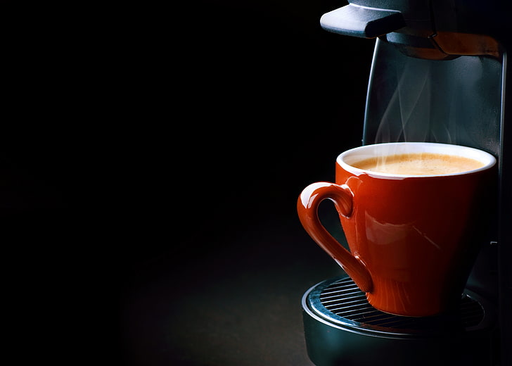 caneca de cerâmica vermelha, espuma, casais, vapor, xícara, café, máquina de café, café expresso, creme, uma xícara de café, HD papel de parede