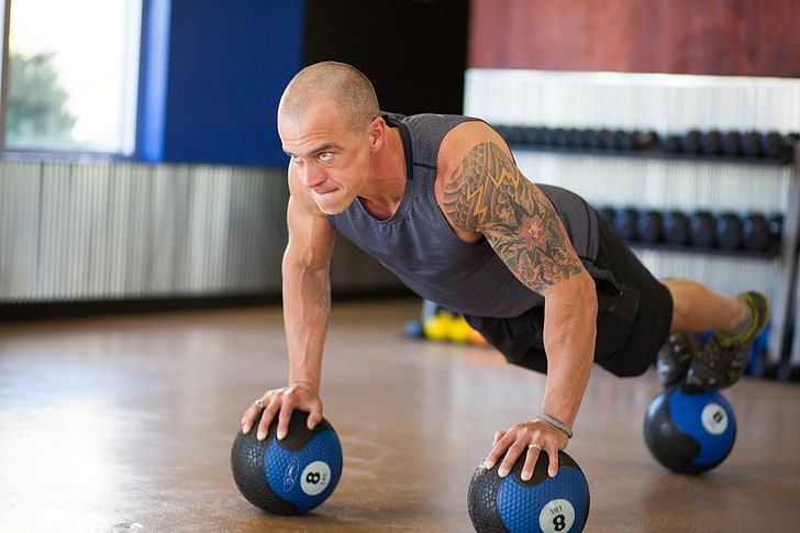 men, workout, pushups, training balls, HD wallpaper