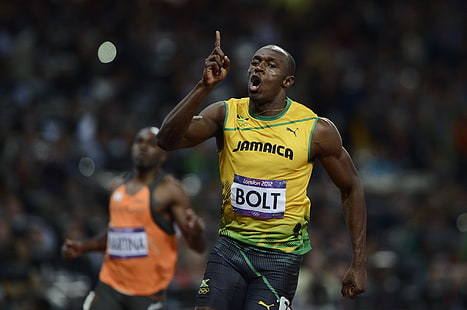 เสื้อแข่ง Puma Jamaica ชายสีเหลืองลอนดอนกีฬาวิ่งจาไมก้าสนามกีฬาโอลิมปิก Usain St. Leo Bolt Usain Bolt โอลิมปิกฤดูร้อน 2012 XXX เกมโอลิมปิกฤดูร้อน, วอลล์เปเปอร์ HD HD wallpaper