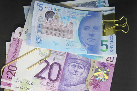 банкнота, британский, бизнес, наличные, валюта, дош, финансы, банкнота в пять фунтов, инвестиции, скрепка, бумажные деньги, фунт, доход, Шотландия, шотландский, банкнота в двадцать фунтов, богатство, HD обои HD wallpaper
