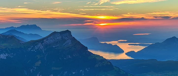 brown rocky mountain during sunrise photo, rophaien, rophaien, Rophaien, sunset  brown, rocky mountain, sunrise, photo, sunset  Lake, Lake Lucerne, Niederbauen Chulm, Vierwaldstättersee, blue hour, Golden Hour, HDR, Switzerland, commons, landscape, clouds, hiking, Pilatus, mountain, nature, sunset, mountain Peak, outdoors, sunrise - Dawn, scenics, summer, sky, travel, HD wallpaper HD wallpaper