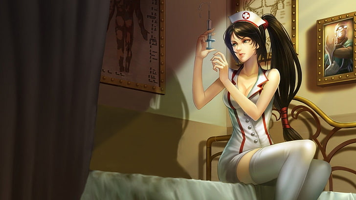 Ilustración de personaje de anime de enfermera femenina, sombreado suave, enfermeras, muslos, cama, League of Legends, videojuegos, mujeres, Fondo de pantalla HD