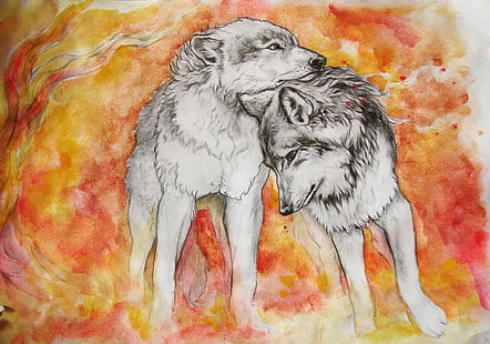 Für einen Freund malen zwei graue Wölfe, Tiere, Hund, Kunst, bunt, Freunde, HD-Hintergrundbild HD wallpaper