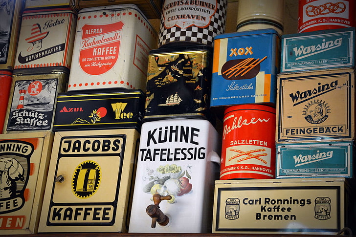 coffee, collection, container, food, german, indoors, label, old cans, shelf, sign, stock, symbol, text, public domain images, HD wallpaper