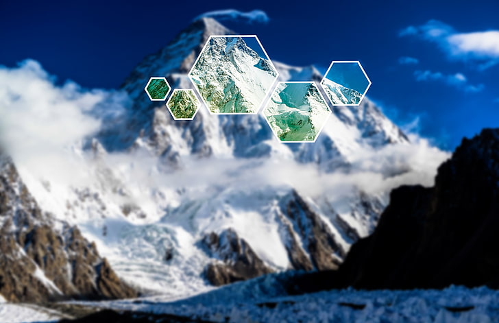 montagne enneigée, montagnes, hexagone, floue, Fond d'écran HD