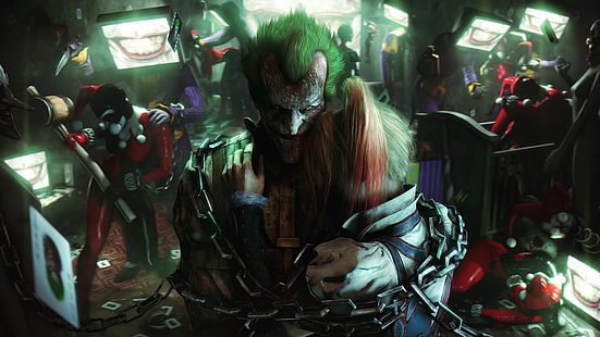 Harley Quinn och The Joker fanart, Urbanator, Batman: Arkham Knight, fan art, Joker, Harley Quinn, videospel, Källfilmskapare, 3D, Batman: Arkham City, Batman, HD tapet HD wallpaper
